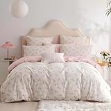 Tospass Baumwolle Bettwäsche Set 135x200cm 2teilig Weiß Rosa Grün Blumen Floral Bettwäsche Blumenmuster Mädchen Elegant Bettbezug mit Reißverschluss und Kissenbezug 80x80cm