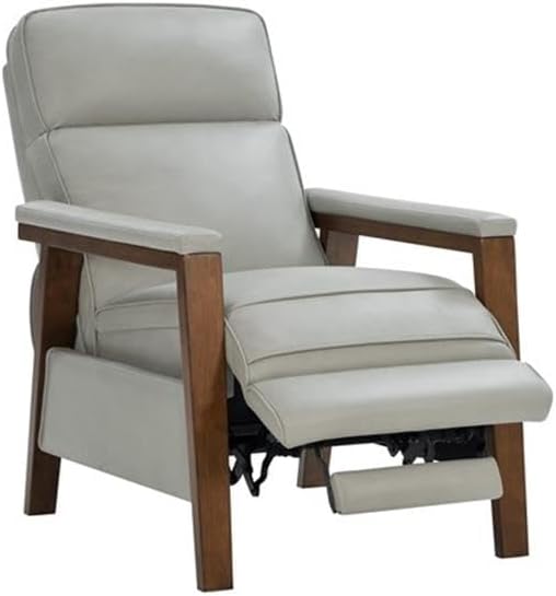 Pemberly Row Leather Recliner, Push Thru Arms, Corbett Chromium Upholstery, 3-Way Design, Rustic Brown Wood Finish, Pocketed Coil Springs, 43.3 in High Back, Modern Style Living Room Seating