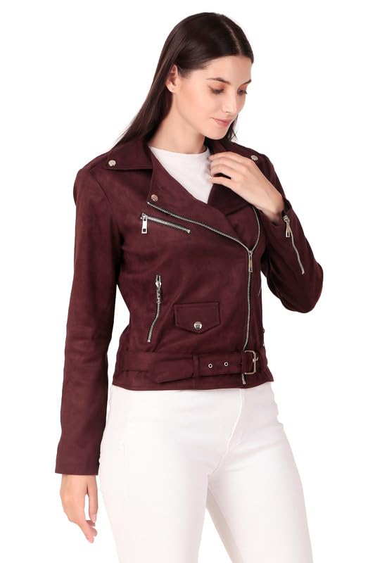 leather retail Women's Suede Regular Biker Jacket (Coffee)-picture-31
