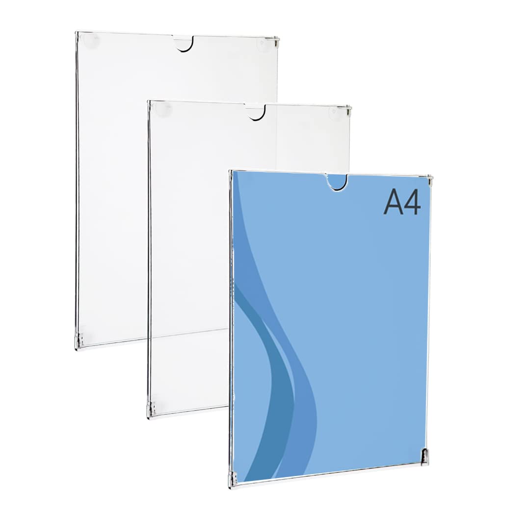 Danieli Store - Kit de 3 Soporte Policarbonato A4 Resistente para Pared. Expositor de Pared Transparentes con Adhesivo para Superficies Duras. Porta Carteles con Apertura de 180°. Antirrayas