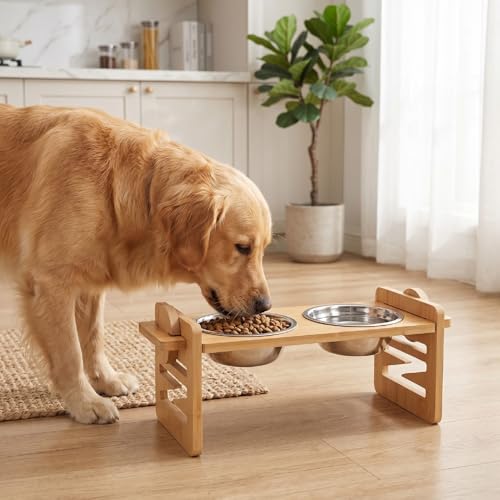 Qudinip Erhöhte Hundenäpfe, Verstellbar, aus Naturholz, für ältere Hunde und Katzen, 15 Grad Geneigtes Design, 6,1 Bis 17,5 cm-8