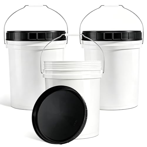 DEMORA 5 Gallon Food Grade Plastic Bucket with Easy Open & Close Screw Lid, Heavy Duty Pail with Metal Handle, BPA-Free, for Food Storage, Water, Cleaning, Industrial Use（Black Lids，3 Pack）