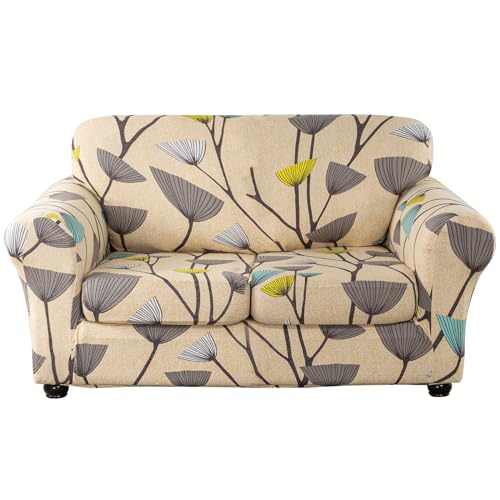 Lamberia Printed Sofa Cover for 2 Cushion Couch High Stretch Sofa Slipcovers 3 Piece Loveseat Slipcover with Two Separate Cushion Covers Elastic Bottom Floral Pattern (Dandelion, Loveseat)