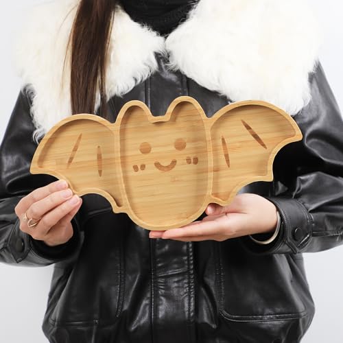Image of BAMOTTO Bamboo Bat-Shaped Serving Tray | Halloween Easter Charcuterie Board for Kids | Snack Salad Cookie Platter | Durable Children's Party Dish | Eco-Friendly Bamboo Plate 13.2"x6.4"