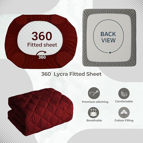 Image of Waterproof Cotton Quilted - Breathable, Hypoallergenic, Noiseless Ultra Soft Fitted Bed Cover with 3 Layers of Protection, 100% Waterproof, No-Slip Design | Maroon, Single (36 * 78)