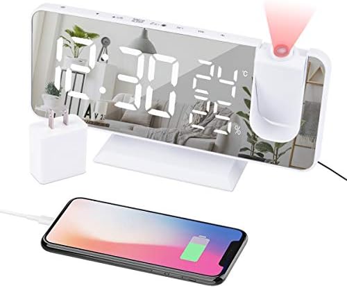 EVILTO Projection Alarm Clock for Bedroom Ceiling Digital Alarm Clock Radio with USB Charger Ports, 7.3" Large LED Screen Alarm Clock, 4 Dimmer, Dual Alarm Clock with 2 Sounds, Snooze, White