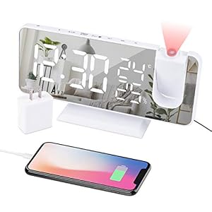 Projection Alarm Clock for Bedroom Ceiling Digital Clock Radio with USB Charger Ports, 7.3″ Large LED Screen, 4 Dimmer, Dual Alarm Clock with 2 Sounds, Snooze, White