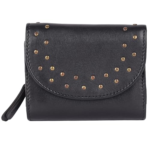 Genuine Italian Leather Boho Studded Trifold Double Flap Closure Wallet – Zipper Coin Purse & Credit Card Holder for Women (Black)