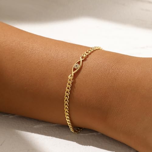 MIDEEO Gold/Sliver Bracelets for Women,14K Gold Plated Bracelets for Women Evil Eye Diamond Cuban Link Heart Pearl Bracelets Everyday Jewelry Gift4