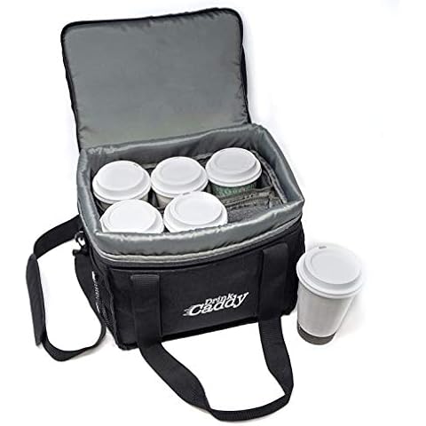 Drink Caddy Insulated Portable Drink Carrier Reusable Coffee Cup Holder with Shoulder Strap for Food Delivery and Takeout Easily Secures 6 Hot or Cold Beverages with Adjustable Height Zipper Closure Cover