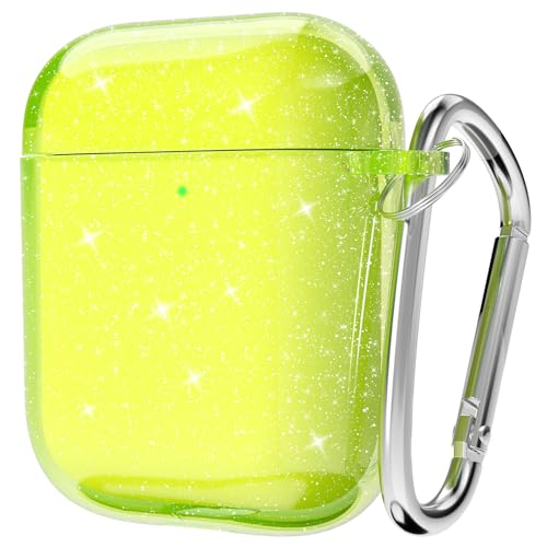 Coque paillettes pour Airpods protection rigide transparente jaune fluo avec clé
