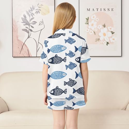 Satin Pajama Sets Short Sleeve Blue Fish Pattern Print Button Down Silky Nightwear 2 Piece PJS 5-14Y4