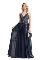 Misshow Luxuriöses langes Abendkleid für Zeremonien mit Pailletten und Perlen, mit floralen Spitzenapplikationen aus Seidenchiffon, marineblau, 44