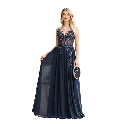 Misshow Luxueux Robe de Soirée Longue Grande Taille Sexy Chic Elégante Robe de Bal Promo en Mousseline Perlée Paillettée Bleu Marine 44