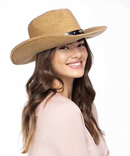 Women Western Cowboy Hat Wide Brim Straw Sun Hat Summer Beach Shapeable Cowgirl Hat With Belt (As1, Alpha, M, Khaki-Md) #TOP1
