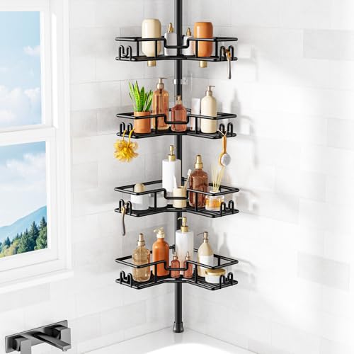 HAMITOR Shower Caddy Corner: 4-Tier No-Drill Rustproof Bathroom Accessories Storage Shelf with Soap Holder & Hooks Adjustable Tension Pole Shower Organiser for Rental Apartment 119-307 cm Black
