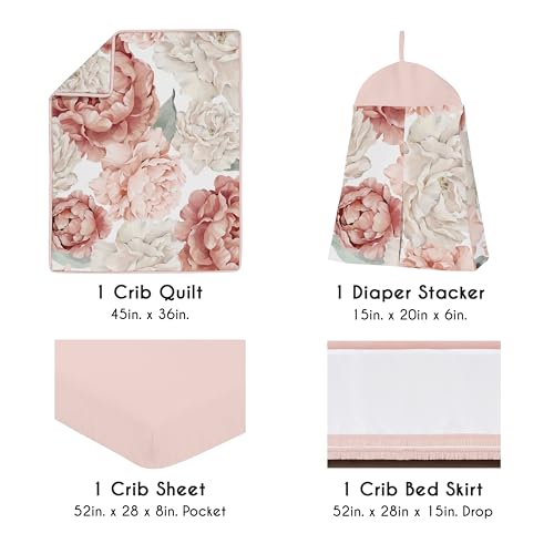 Sweet Jojo Designs 4-Piece Baby Crib Bedding Set (Pink Boho Floral) for Girls, Infants/Nursery incl. Blanket, Fitted Sheet, Skirt, Diaper Stacker (Watercolor, Bohemian, Wildflower, Vintage, Elegant)