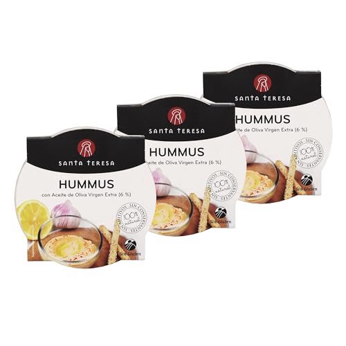 Santa Teresa Hummus con Aceite de Oliva Virgen Extra, 100% Natural, Sin Gluten, Alto Contenido en Fibra, 3x180 Gramos