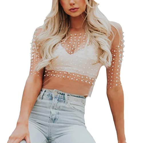 Camiseta feminina sexy de malha transparente verão manga curta gola redonda camiseta casual festa bo