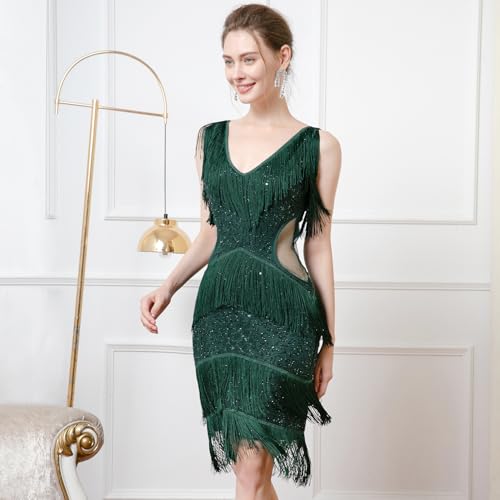 Image of Women Flapper Dresses 1920s V Neck Beaded Fringed Great Gatsby Club & Night Out Dresses