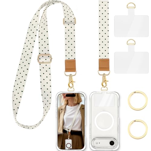 Knagsfa Phone Lanyard Crossbody Strap, Adjustable Neck Strap and Wristlet Strap for Phone Wallet ID Badge, Around the Neck Wristlet Shoulder Wrist Keychain with 2 Phone Tabs, Beige Polka Dots - image 1