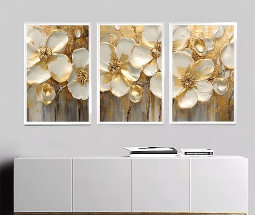 Kit 3 Quadros Flor Dourada Com Branco Moderno Decoração Casa Sala e Quarto (43x32, Branco)