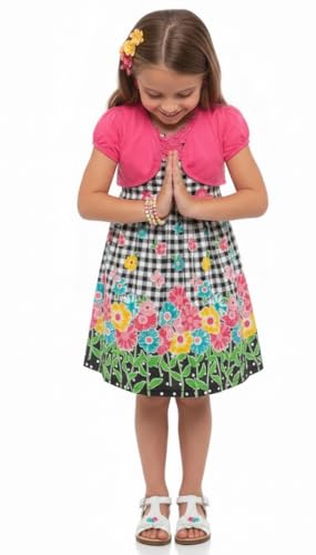 Image of ToBeInStyle Girls Two Piece Short Sleeve Dress and Matching Bolero Crop Cardigan Assorted Prints Cotton Blend Summer Outfit