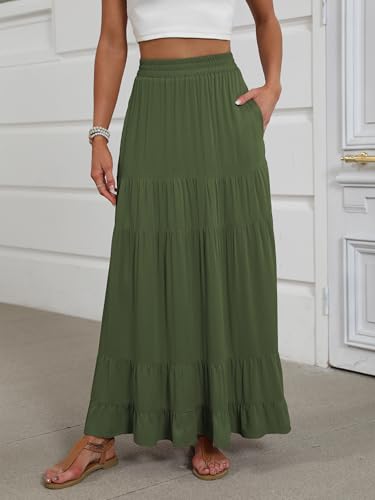 Image of ANRABESS Womens Maxi Skirt Elastic High Waist Swing Tiered A-line Flowy Pleated Boho Beach Vacation Long Skirts