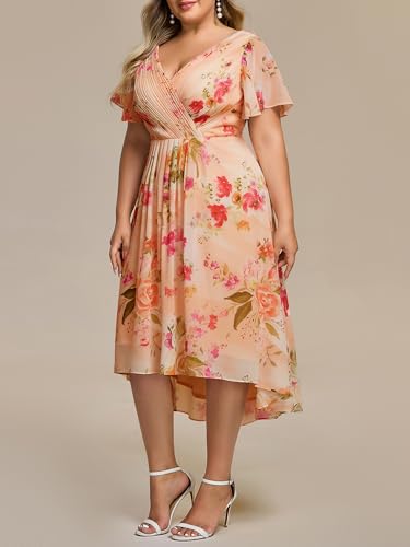 Image of Ever-Pretty Plus Summer Short Sleeves V-Neck Formal Wedding Guest Dresses for Curvy Women Chiffon Midi Cocktail Party Dress