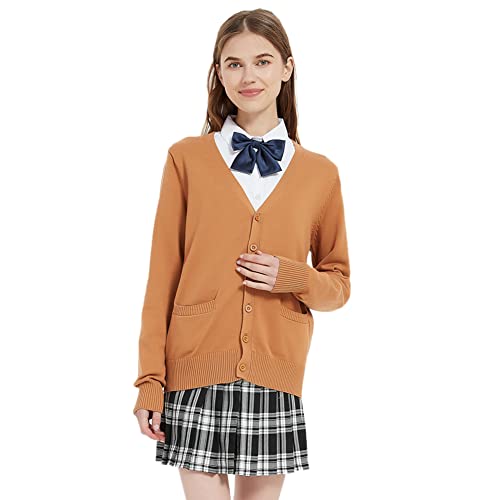 Image of Blostirno Women's Cardigan School Uniform Sweater Cardigans V-Neck Long Sleeve Button Down Knit with Pockets