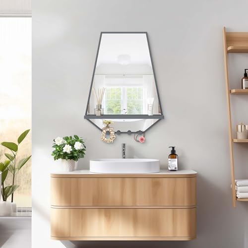 Image of BEAUTME 26x20 inch Bathroom Mirror with Shelf, Irregular Hexagonal Metal Wall Mirrors with Hooks, Bathroom Vanity Mirror Farmhouse, Wall Mounted Mirror Decor for Living Room Bedroom Entryway (Grey)