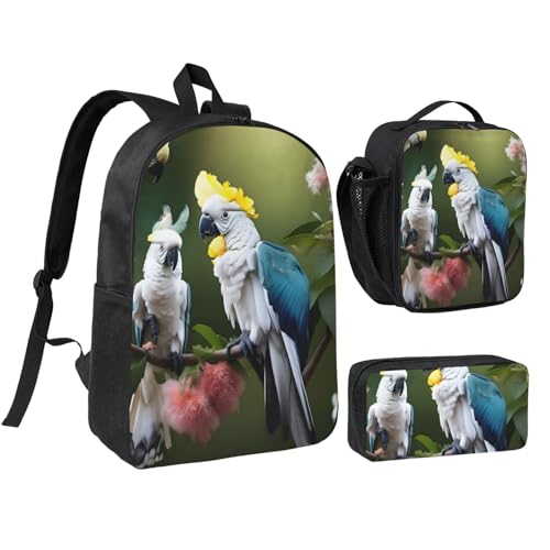 Beautiful Cockatoo Bird Flower print Shoulder Bookbags Lunch Bag and Pen Case 17 inches Backpack with Lunch Box, Cute Bookbag Set