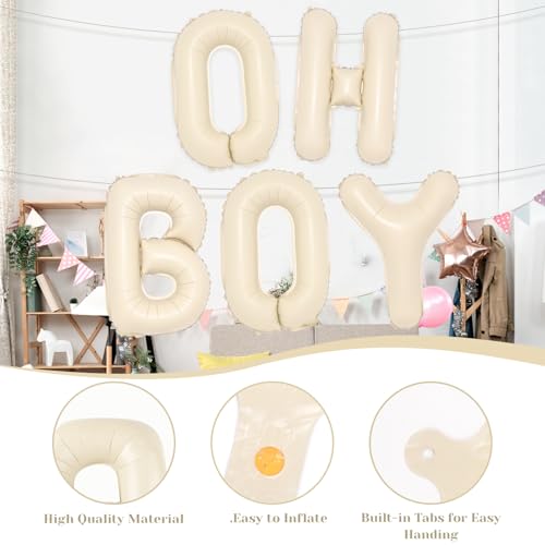 Image of 40inch OH BOY Balloons - Jumbo Cream White Sand Oh Baby Boy Balloon Sign for Backdrop Boho Baby Shower Kid Boys Birthday Gender Reveal Neutral Party Decorations