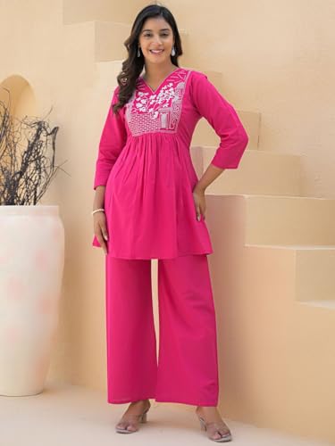 Image of Women's Rayon Kurti Set with Palazzo Pants | Embroidered V-Neck A-Line Short Kurti with 3 /4 Sleeves | Casual Ethnic Co-Ord Set for Daily Wear, Office & Festive