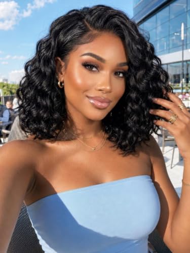 KLAIYI Bye Bye Slip™ Bob Water Wave Precut 6x4Lace Front Wigs Human Hair 220%Density Side Part Drawstring Curly Glueless Pre Plucked Bleached Knots 3S Ready to Wear and Go Wig Beginner Friendly 12Inch