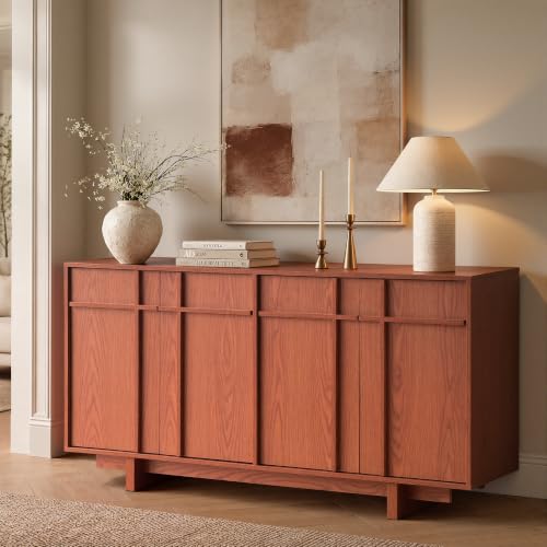 Image of Sideboard Buffet Cabinet with Storage, Mid Century Modern Accent Cabinet with Skeleton Line & Wood Grain Texture, 63 inch Minimalist Credenza for Living Room Kitchen Dining Room Entryway, Cherry