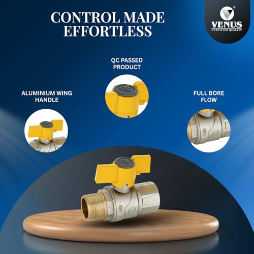 Image of VENUS Brass Ball Valve A207 1 /2 inch M-F | Heavy Duty Solid Brass with Aluminium Wing Handle | Leak Proof, Easy Quarter Turn for Water, Gas & Air Lines