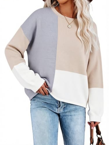 Image of ECOWISH Women Sweater Long Sleeve Color Block Knit Pullover Sweaters Crew Neck Patchwork Casual Loose Jumper Tops