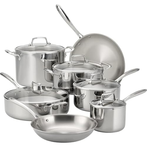 Juego de utensilios de cocina de acero inoxidable con revestimiento triple de 12 piezas, tapas de vidrio, ollas y sartenes, apto para inducción y lavavajillas (12 piezas/acero inoxidable)
