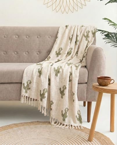 Image of Cotton Sofa Throw Blanket with 2 pcs Cushion Covers Beige (Nagfani Print, Pack of 3)