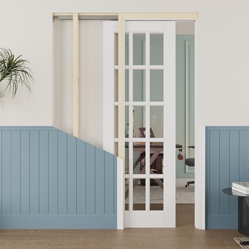 Image of 30 inch x 80 inch 15-Lite Clear Glass Pocket Door, Soft-Close Sliding Pocket Door with Frame & Hardware Kit Set, Primed All-Inclusive Interior Door Slab for Home, White, Need to Assemble