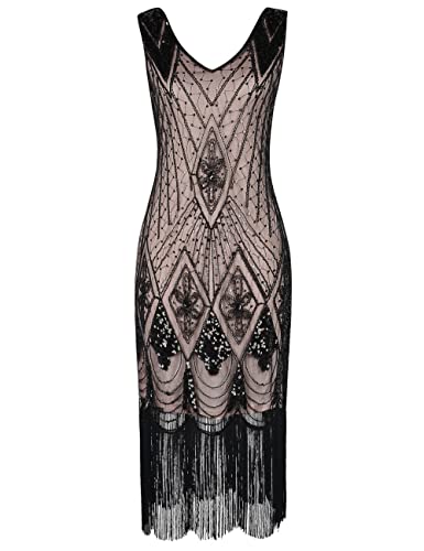 PrettyGuide Women 1920s Gatsby Cocktail Sequin Art Deco Flapper Dress XL Black Beige