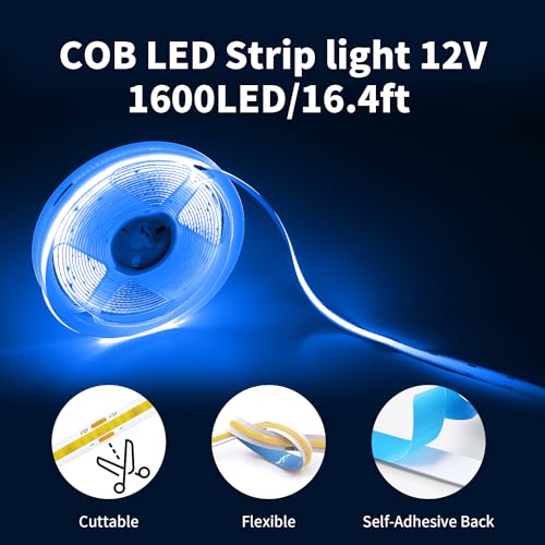 ShineBurky Blue COB LED Strip Lights, 5M Super Bright Cuttable Tape Lights with Plug - Image 4