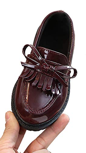 WUIWUIYU sapato social feminino de couro envernizado sem cadarço mocassim Oxfords com borla, Burgund