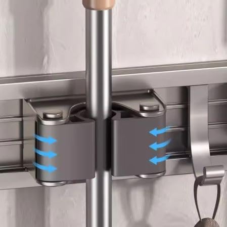 Image of STAR WORK Heavy-Duty Space Aluminum Wall Mop & Broom Holder, Waterproof Organizer with Dual Non-Slip Grips and Utility Hooks, No-Drill Adhesive Mount for Kitchen, Bathroom. (4 MOP HOLDER 5 HOOKS)