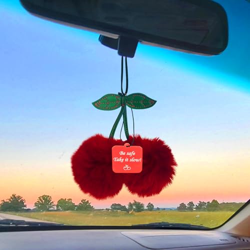 Furry Cherry Car Rear View Mirror Hanging Ornament Auto Cars Decorations Accessories for Women, Lucky Charm Keychain with Paper Pendant Scented for Cherry Lover Gifts