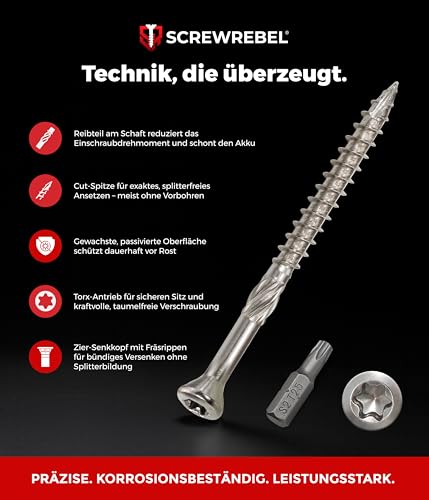 SCREW REBEL Terrassenschraube ST-FIX Edelstahl C1 5,0 x 50mm - 200 Stück inklusive S2-Bit, TX 25, Zier-Senkkopf, Schaftfräser, Sägezahn Gewindeschliff, Cutspitze, Dielenschraube gewachst
