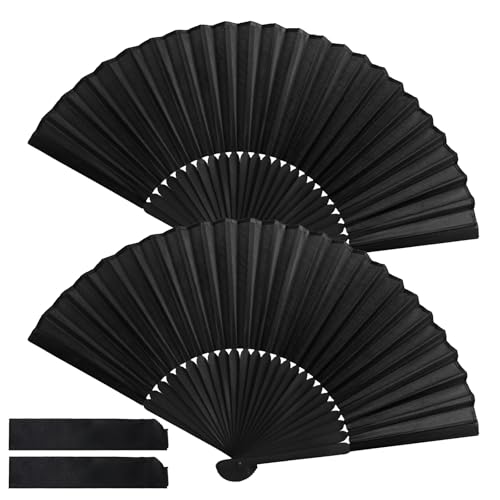 CAIXIANGYU 2 Pezzi Ventagli pieghevoli Nero, ventagli da mano cinesi per matrimoni, performance, danza, decorazione e ventaglio estivo (Nero)