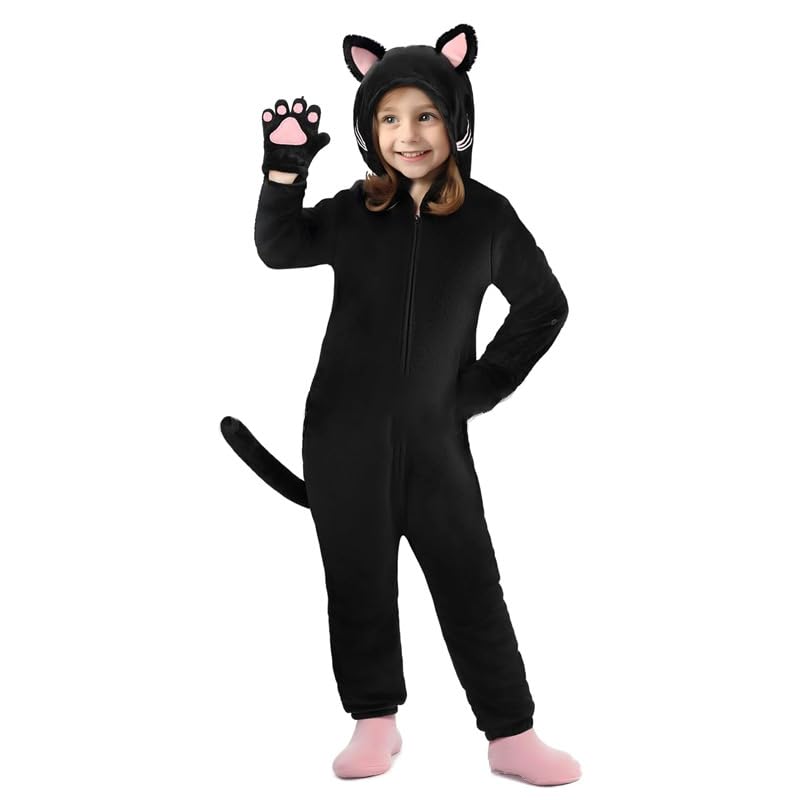 Disfraz de pijama de una pieza de Halloween, disfraz de gato para niños adultos, mono de leopardo, disfraz de gato negro, mujeres, hombres, niños, niñas, carnaval (gato, XL)