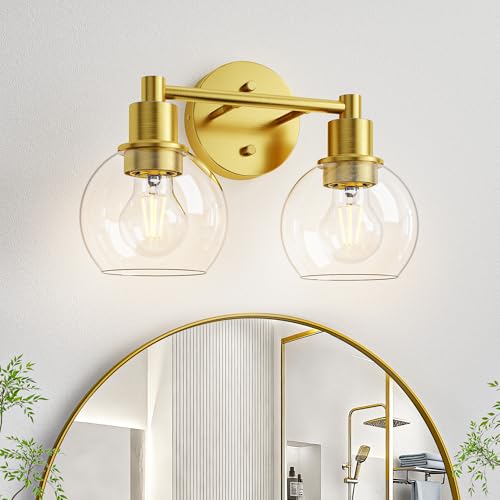 Image of 2 Light Bathroom Light Fixtures, Brushed Brass Bathroom Vanity Lights, Modern Vanity Lights 2-Light Globe Bathroom Vanity Lighting Fixture Over Mirror